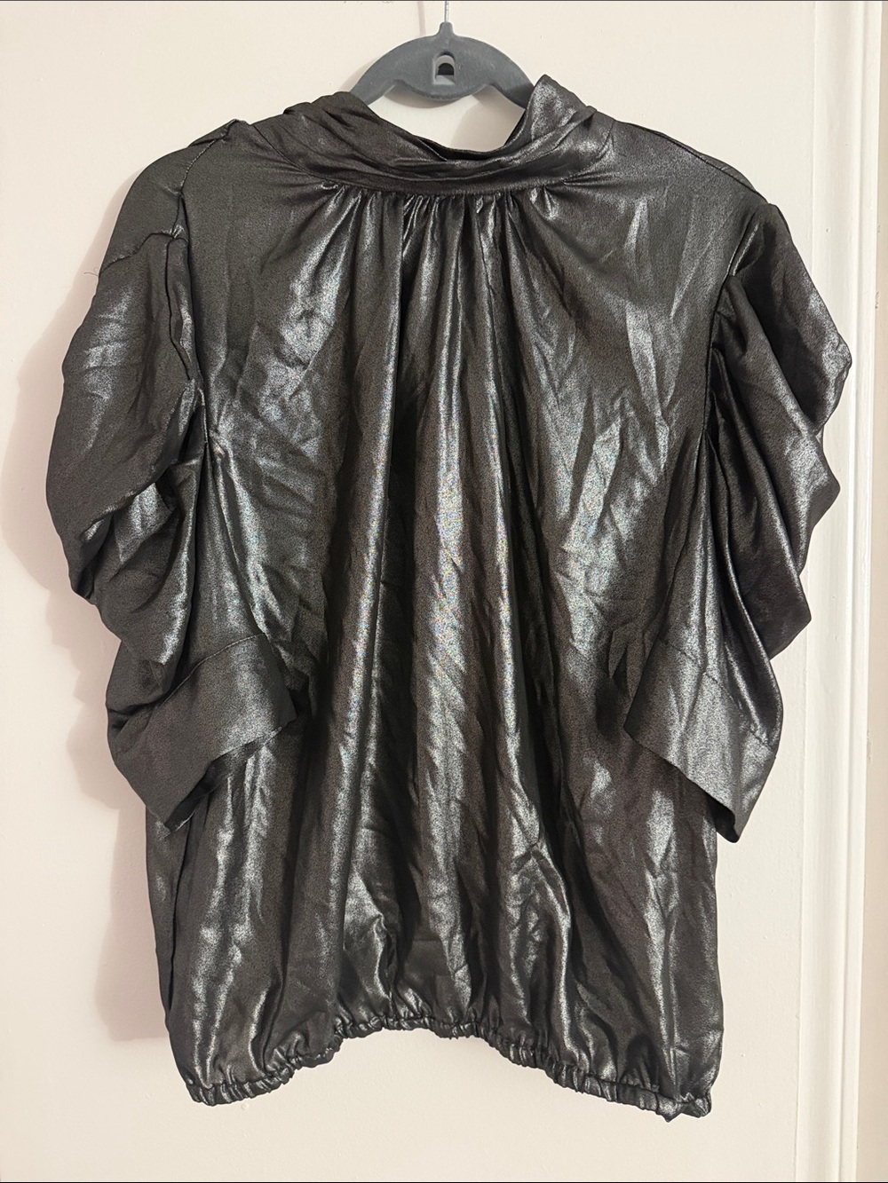 New York & Company Metallic Black Ruffle Sleeve Blouse